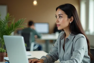 Femme utilisant Microsoft Word sur un ordinateur portable dans un bureau moderne pour ouvrir un fichier OpenOffice