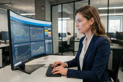 Femme cadre utilisant un tableau de bord cloud dans un bureau moderne pour analyser la croissance des entreprises adoptant les services cloud