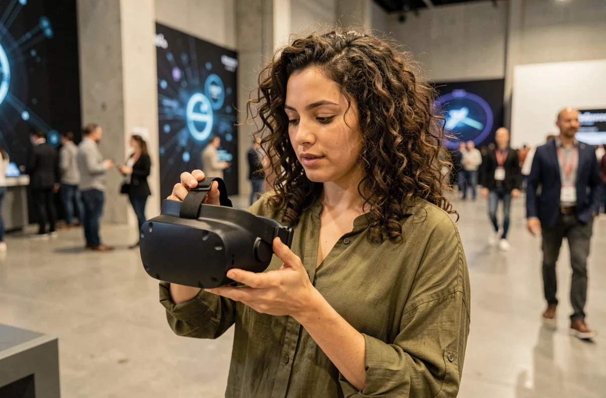 Femme examinant un casque VR lors d'une exposition technologique, découverte de la réalité virtuelle en contexte professionnel