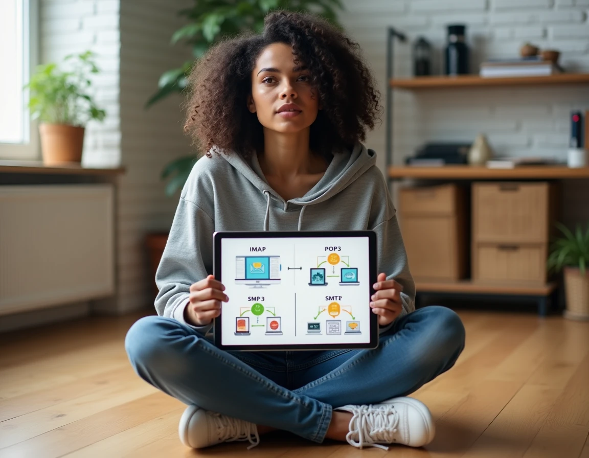 Jeune femme consultant un schéma comparatif des protocoles email IMAP, POP3 et SMTP sur une tablette dans un bureau à domicile