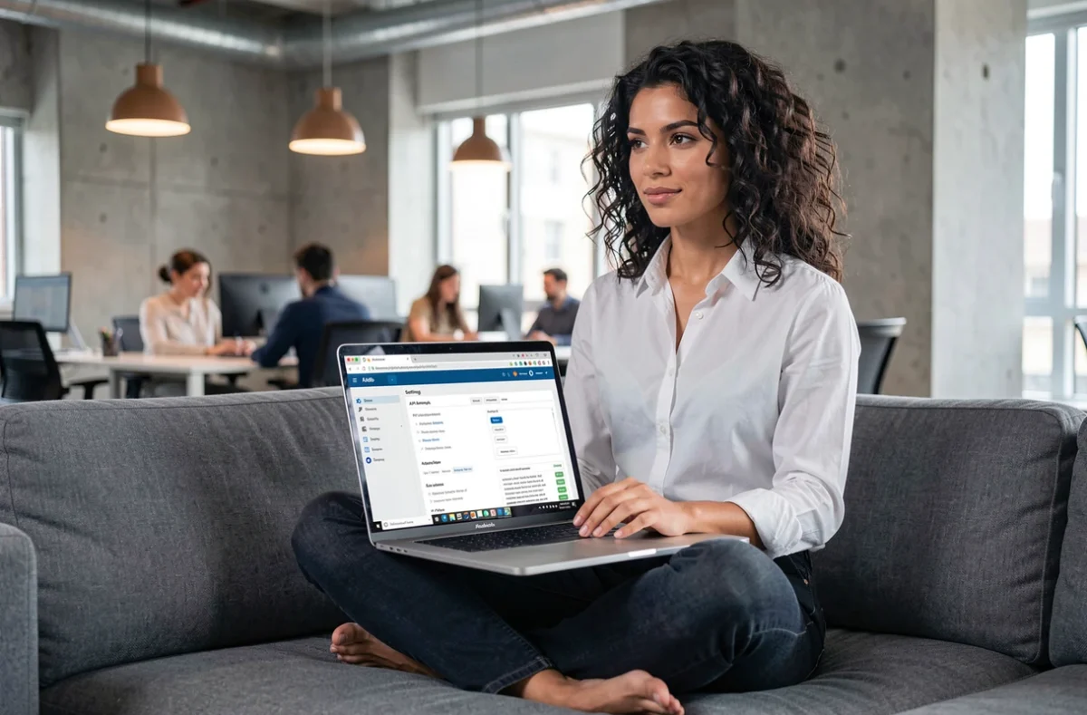 Femme développeuse consultant les paramètres API d'un site web sur son ordinateur portable dans un bureau moderne