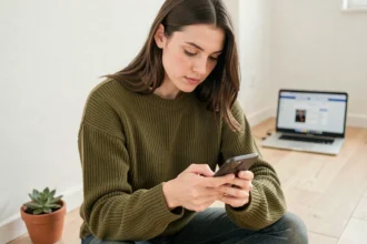 Jeune femme créant un site web sur son smartphone dans un appartement moderne et minimaliste