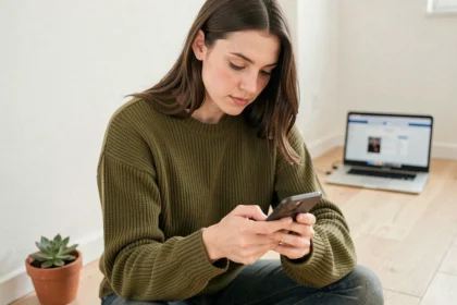 Jeune femme créant un site web sur son smartphone dans un appartement moderne et minimaliste
