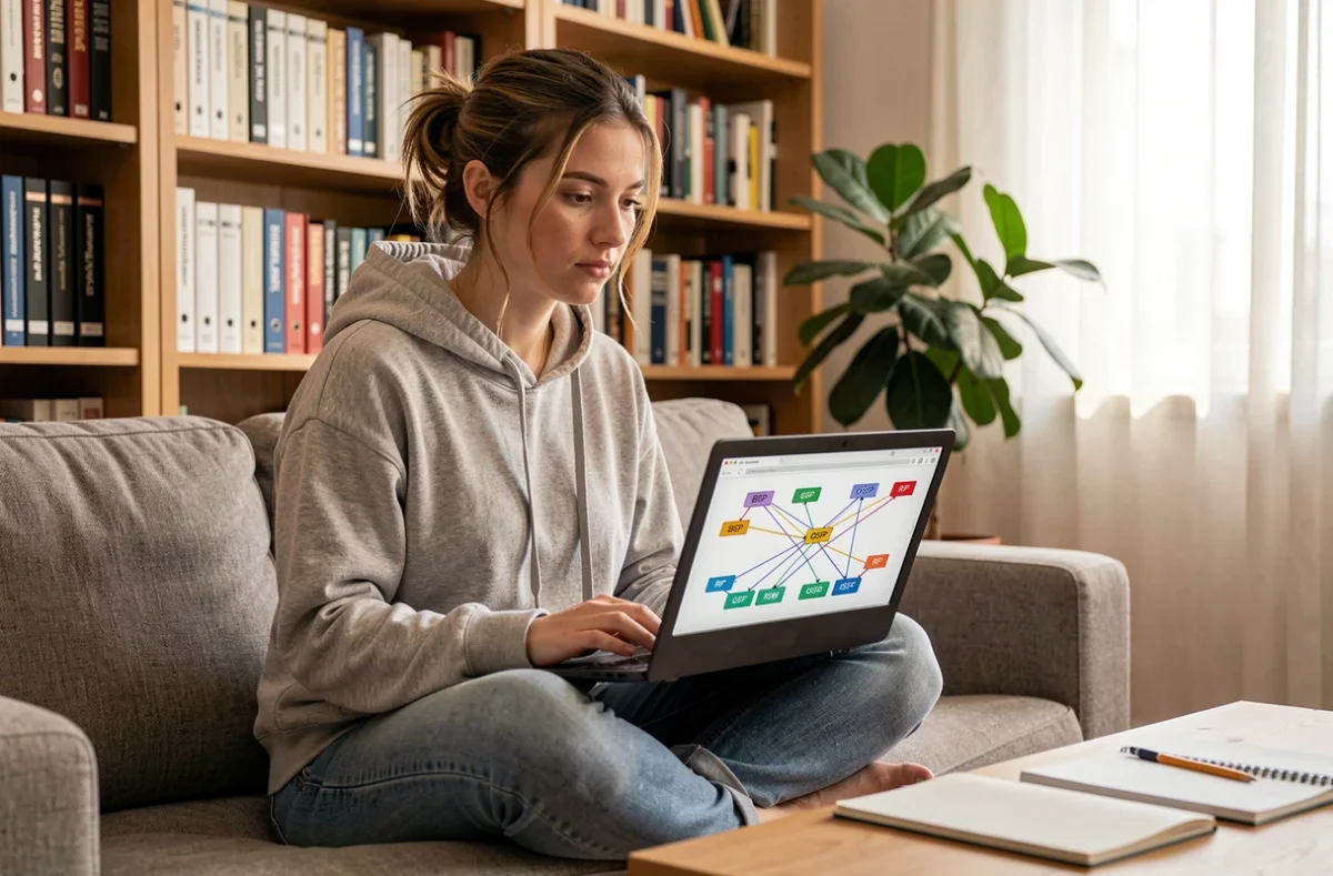 Jeune femme étudiant les protocoles de routage réseau sur un ordinateur portable dans un bureau à domicile chaleureux