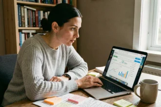 Femme apprenant le référencement naturel sur son ordinateur portable dans un bureau à domicile, entourée de notes et de ressources SEO