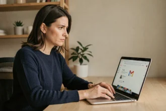 Femme utilisant Gmail sur un ordinateur portable dans un bureau à domicile, illustrant la sécurité des adresses mail