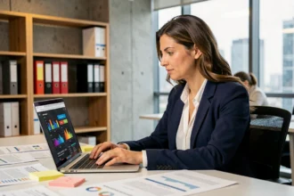Femme professionnelle utilisant une IA pour créer un plan marketing sur son ordinateur portable dans un bureau moderne