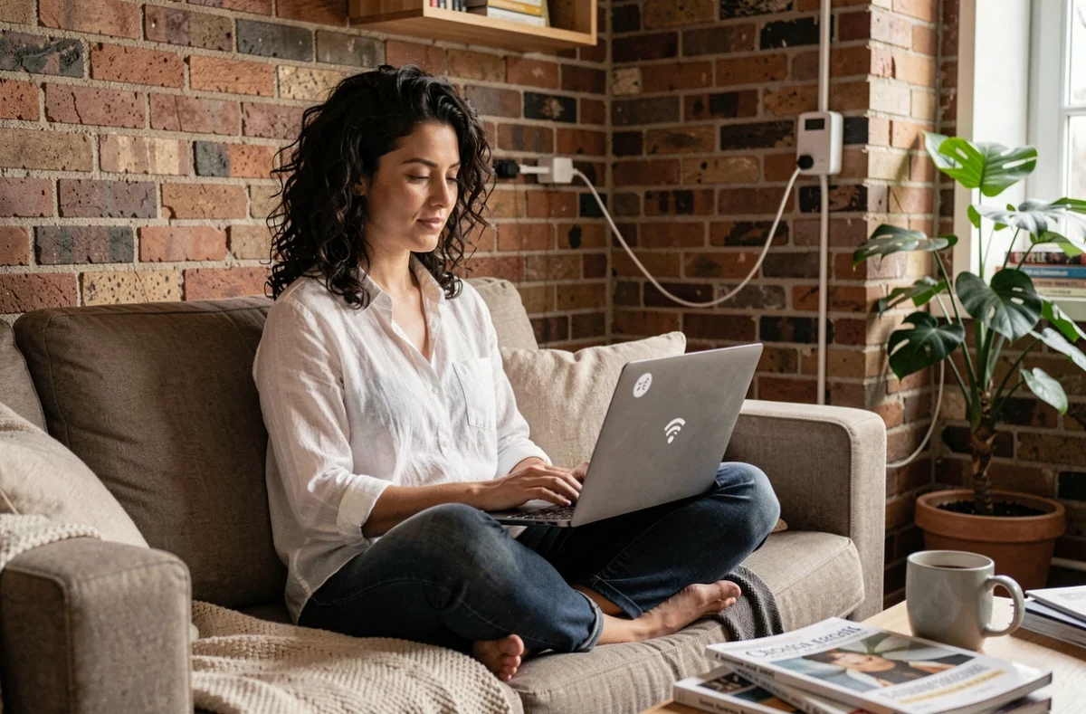 Femme utilisant un laptop connecté via Wi-Fi dans un salon, avec un câble ethernet visible relié à un modem en arrière-plan