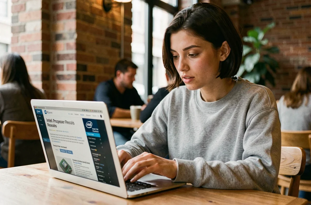 Jeune femme lisant un article sur la sortie du processeur Intel 14 dans un café