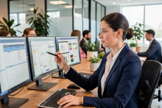 Femme professionnelle utilisant plusieurs logiciels d'application sur des écrans dans un bureau moderne