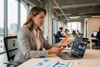 Femme marketeure analysant des données d'intelligence artificielle sur un ordinateur portable dans un bureau moderne