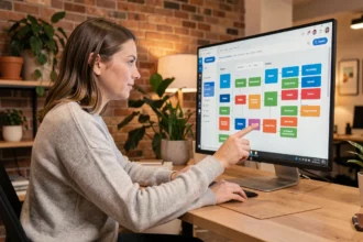 Femme développant une application sans code sur un écran avec interface visuelle dans un bureau moderne