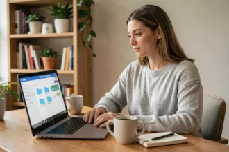 Femme utilisant OneDrive sur un ordinateur portable dans un bureau à domicile moderne