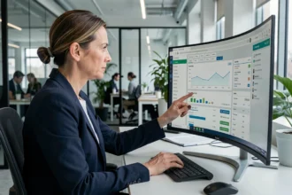 Femme professionnelle analysant un tableau de bord CRM sur un écran d'ordinateur dans un open space moderne