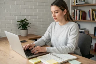 Femme analysant des mots clés sur un ordinateur portable dans un bureau moderne avec des notes manuscrites