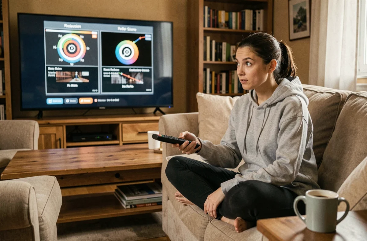 Femme dans son salon comparant la résolution 4K et HD sur un grand écran plat