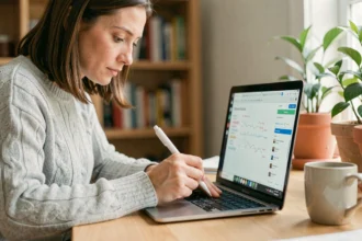 Femme utilisant un stylet numérique sur un ordinateur portable tactile dans un bureau à domicile