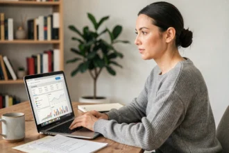 Femme apprenant le SEO gratuitement sur son ordinateur portable dans un bureau à domicile