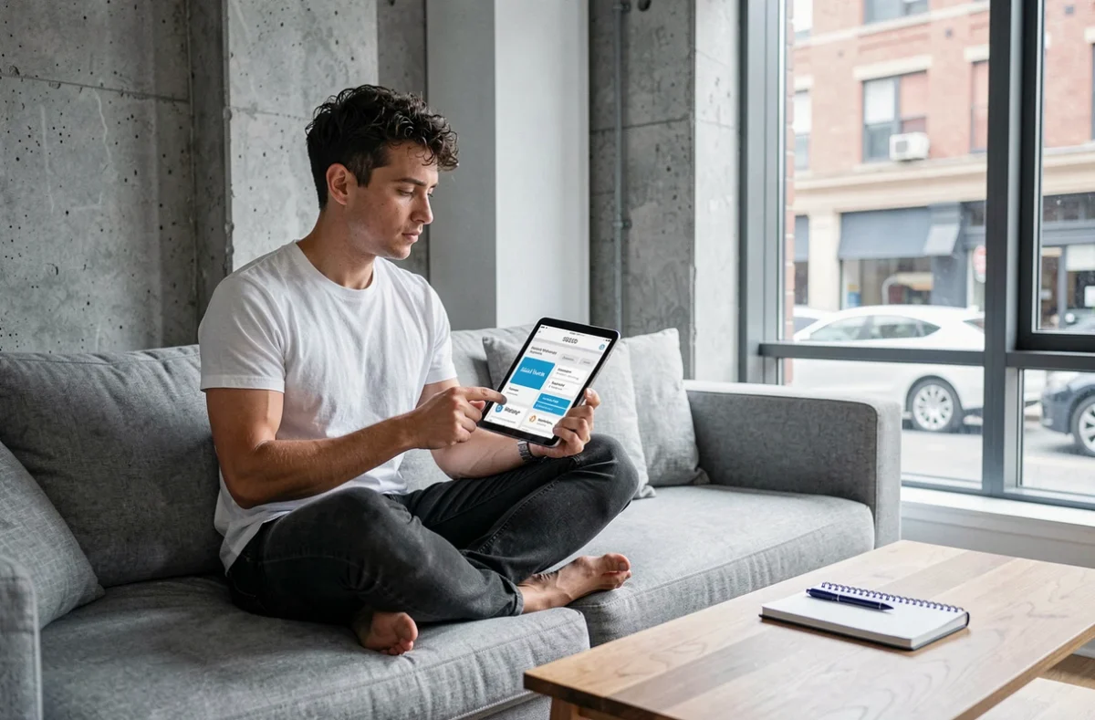 Jeune homme suivant une formation SEO gratuite sur tablette dans un appartement moderne