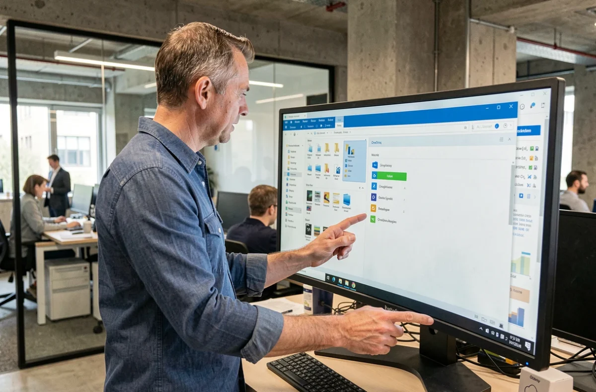 Homme en bureau open-space gérant la synchronisation OneDrive sur un écran externe pour dissocier fichiers cloud et stockage local