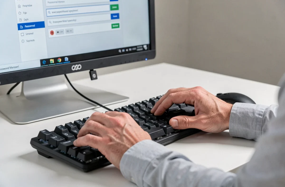 Gros plan sur des mains tapant un mot de passe sécurisé sur un clavier avec un gestionnaire de mots de passe affiché