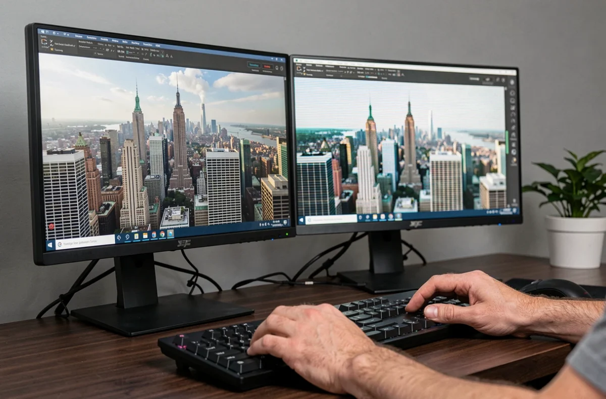 Gros plan sur deux écrans d'ordinateur côte à côte illustrant la différence de résolution entre 4K et HD