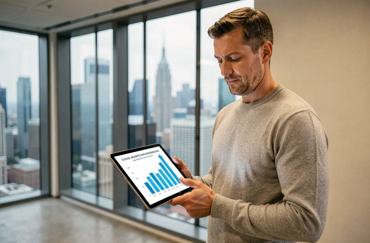 Homme d'affaires tenant une tablette avec une courbe de croissance du cloud en regardant la skyline urbaine depuis un bureau en hauteur