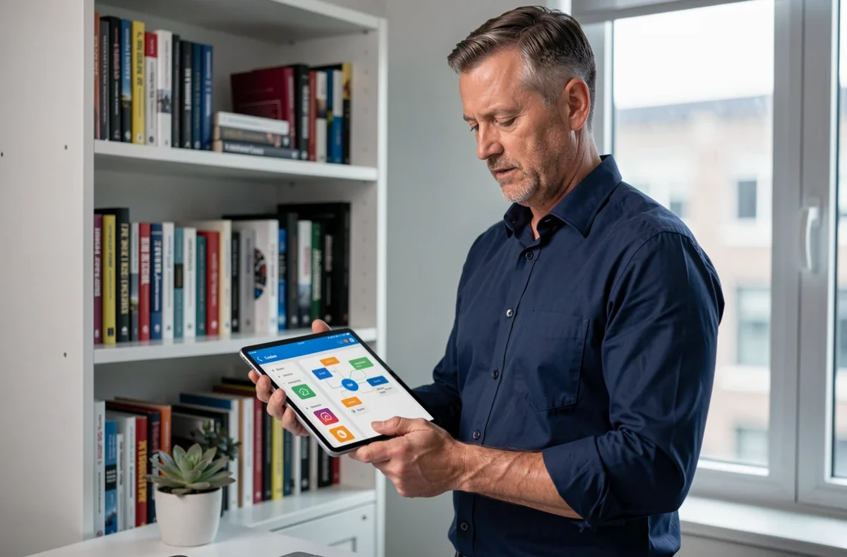 Homme consultant une plateforme d'automatisation no code sur tablette dans un bureau à domicile