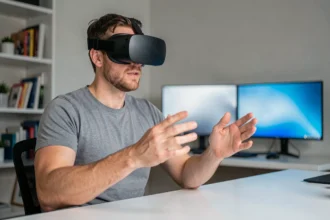 Homme portant un casque de réalité virtuelle dans un bureau moderne, immergé dans une expérience VR interactive