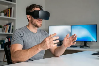 Homme portant un casque de réalité virtuelle dans un bureau moderne, immergé dans une expérience VR interactive
