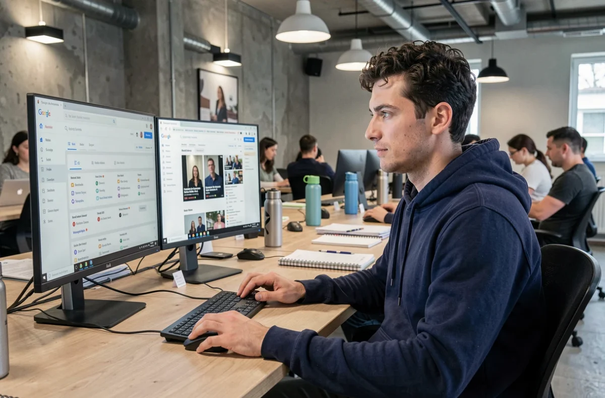 Homme en train de suivre une formation SEO en ligne sur deux écrans dans un espace de coworking moderne