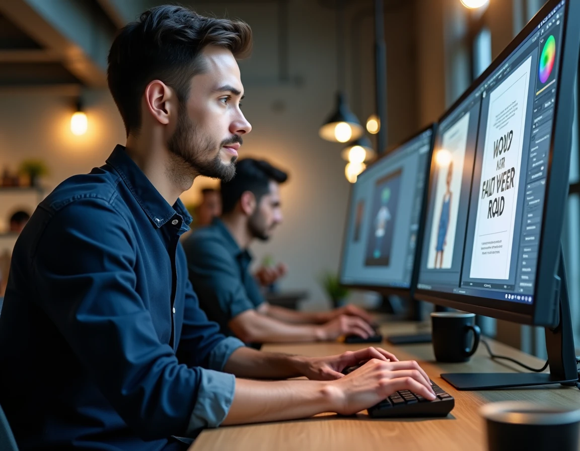 Homme travaillant sur une affiche graphique avec un logiciel gratuit sur ordinateur de bureau dans un espace de coworking