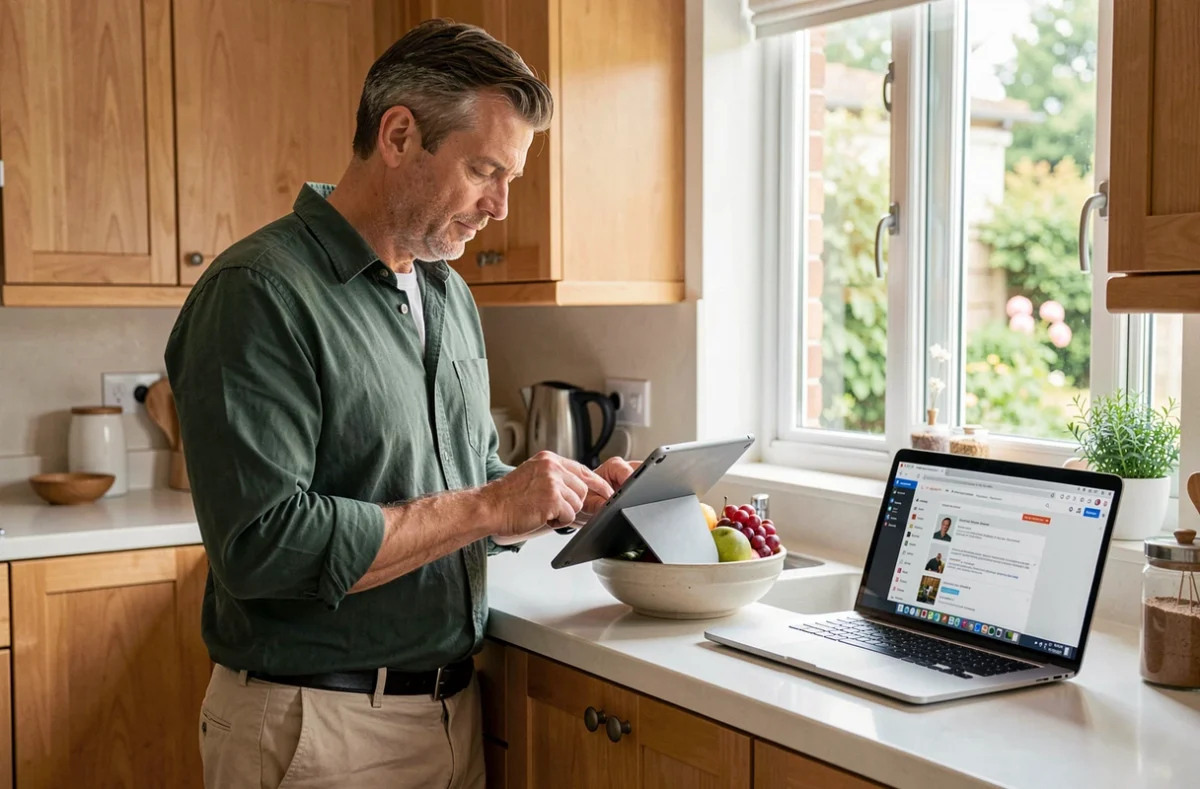 Homme d'âge moyen dans une cuisine moderne comparant une tablette et un ordinateur portable posés sur un comptoir en bois