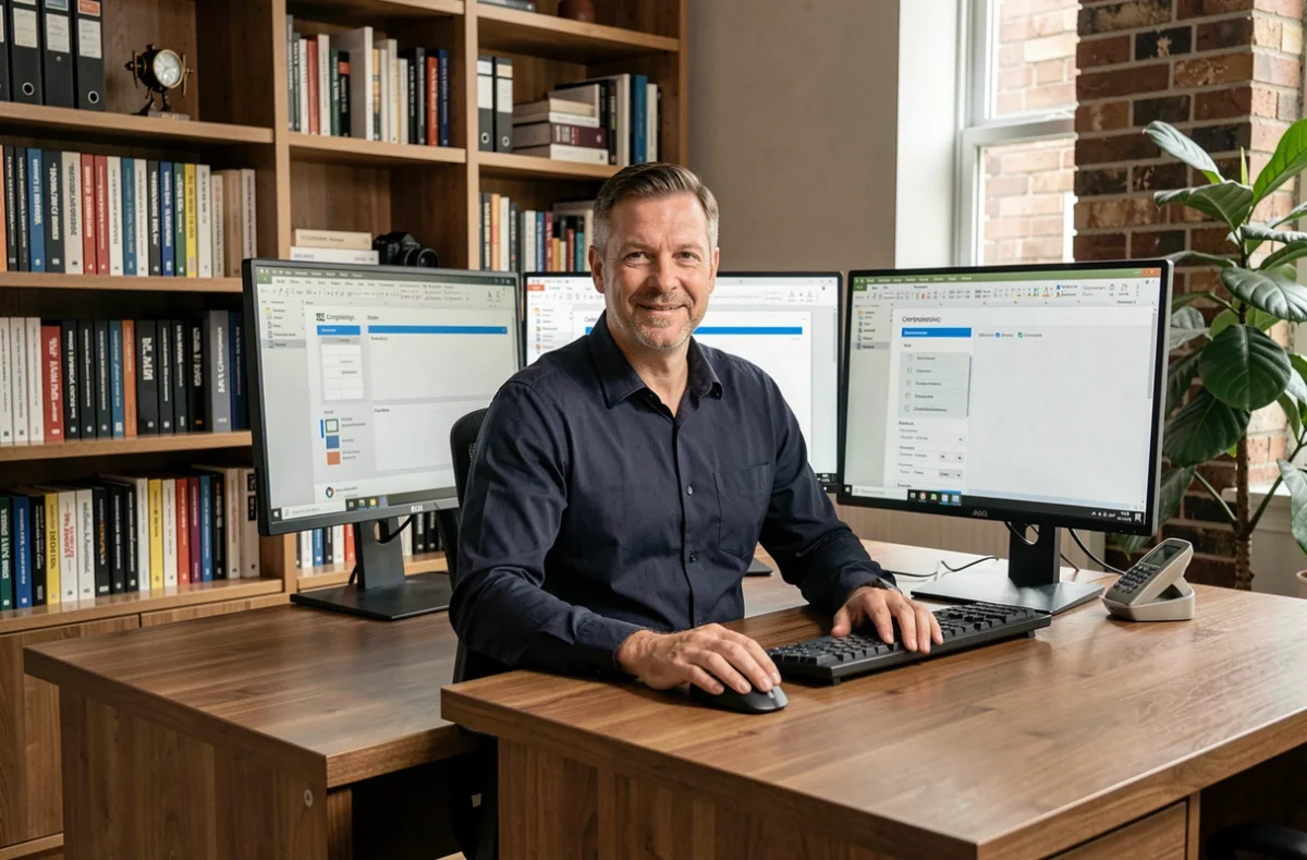 Homme travaillant sur deux écrans dans un bureau à domicile affichant des logiciels de traitement de texte compatibles Word et OpenOffice