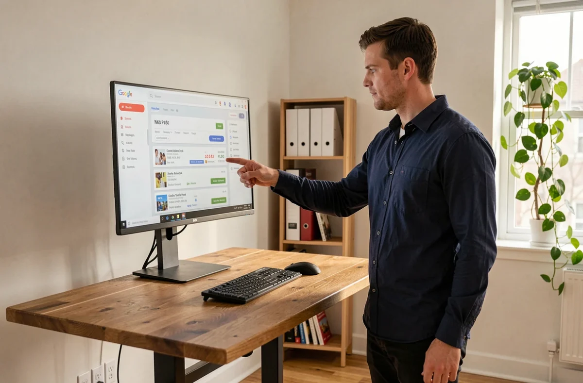 Homme en télétravail gérant des annonces Google Ads sur un grand écran dans un bureau à domicile minimaliste