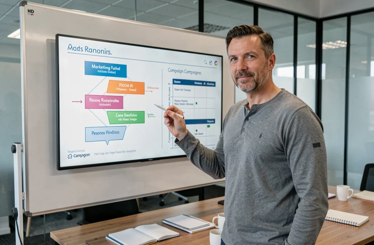 Homme d'affaires présentant un plan marketing généré par intelligence artificielle sur un tableau blanc numérique en salle de réunion
