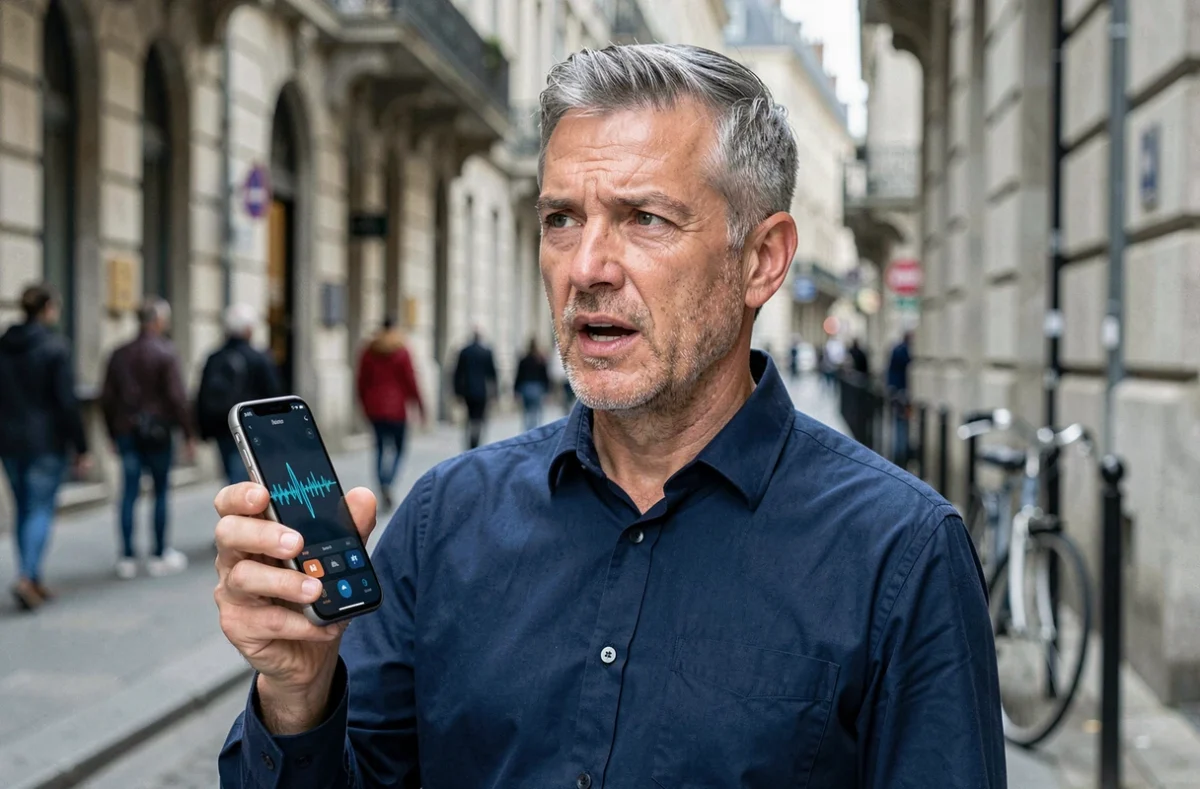 Homme en ville utilisant la reconnaissance vocale IA sur son téléphone portable