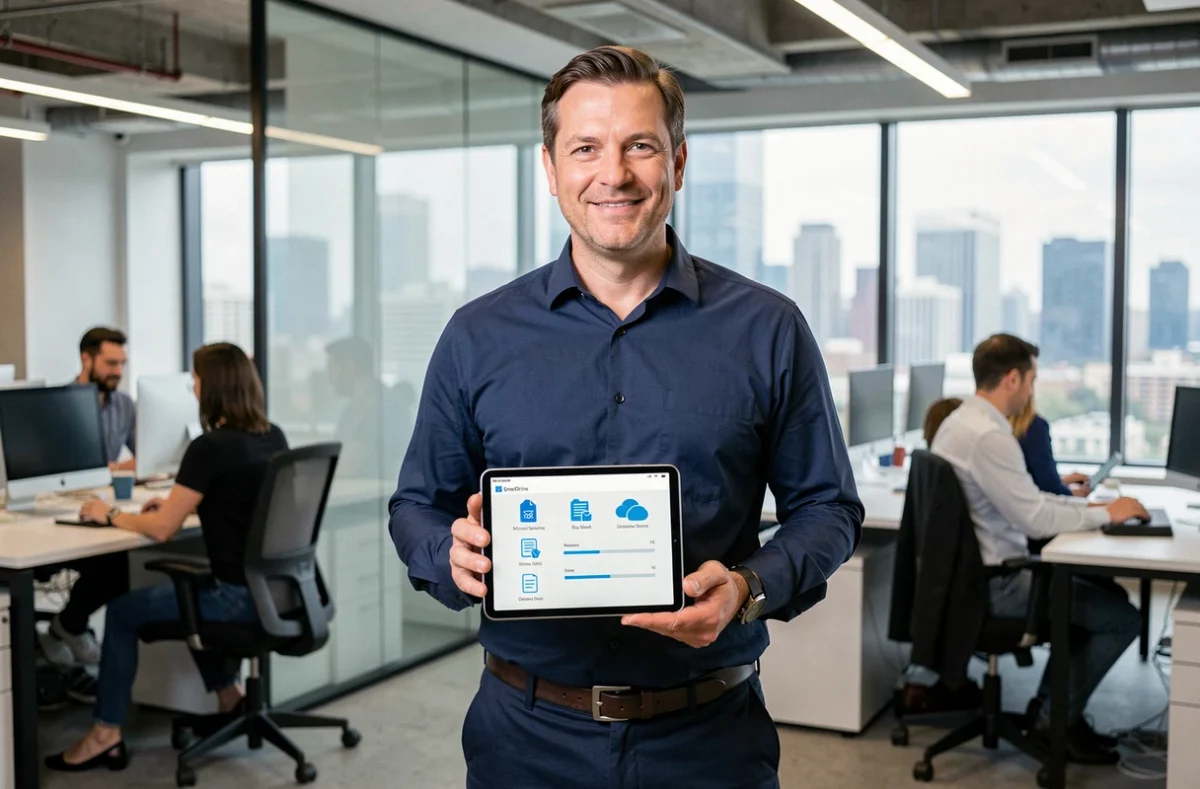 Homme professionnel consultant OneDrive sur une tablette dans un open space moderne