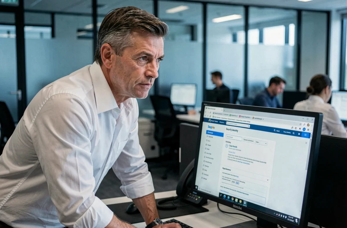 Homme en entreprise consultant les paramètres de sécurité de son compte Gmail sur un écran d'ordinateur