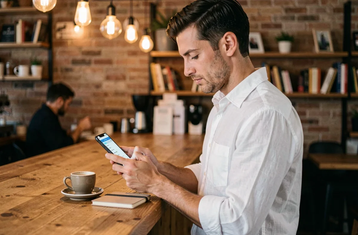 Homme consultant une application de création de site web sur son téléphone dans un café