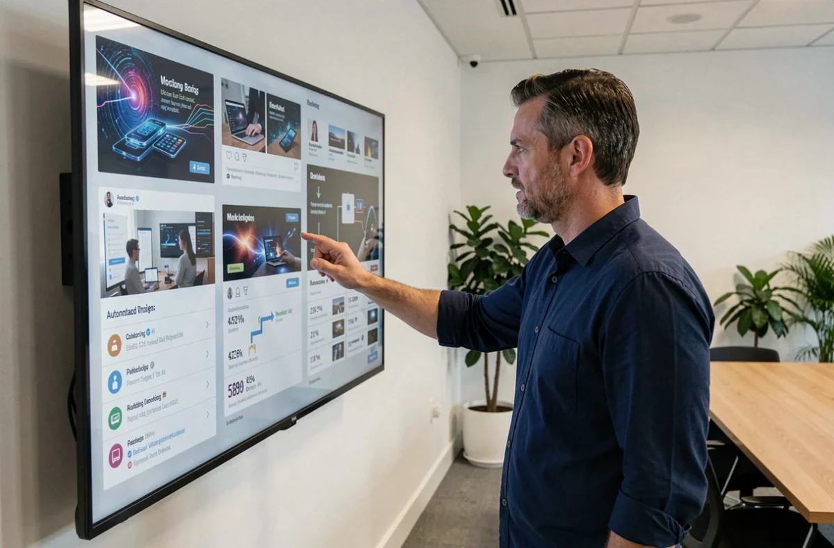 Homme en startup utilisant un écran interactif pour gérer des campagnes marketing assistées par l'IA