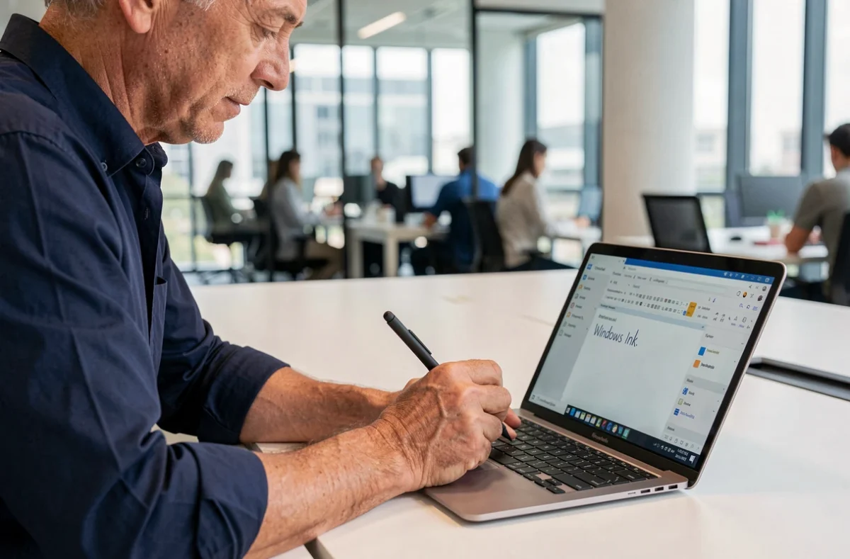 Homme d'affaires utilisant Windows Ink pour prendre des notes sur un ordinateur convertible en réunion
