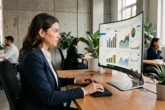Une marketeuse analyse des données générées par l'intelligence artificielle sur un écran dans un bureau moderne