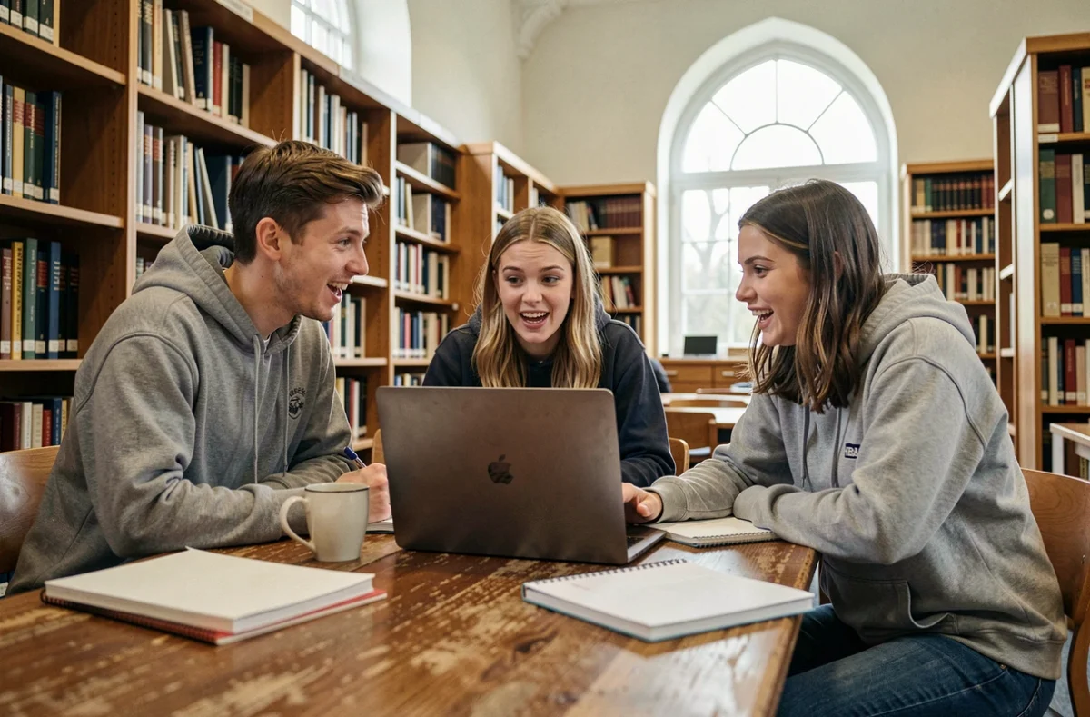 Trois étudiants universitaires discutant autour d'un ordinateur portable affichant du contenu généré par intelligence artificielle dans une bibliothèque académique
