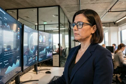 Une professionnelle analysant des visualisations de données sur des écrans courbes dans un bureau technologique moderne, illustrant l'impact de l'intelligence artificielle dans le monde du travail