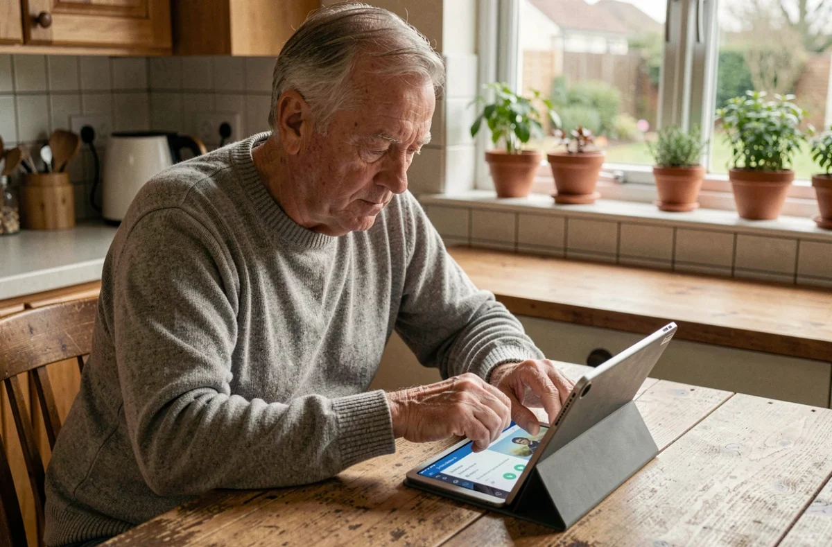 Un homme âgé utilisant une tablette avec un assistant IA dans sa cuisine, symbolisant l'intégration de l'intelligence artificielle dans la vie quotidienne des particuliers