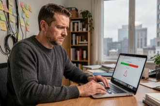 Homme frustré face à une connexion VPN lente sur son ordinateur portable à domicile