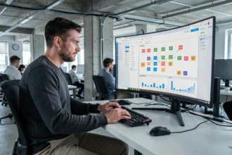 Ingénieur DevOps consultant un tableau de bord Kubernetes sur un écran ultrawide dans un bureau tech moderne