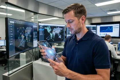 Ingénieur examinant un panneau IoT connecté dans un centre de contrôle réseau 5G moderne