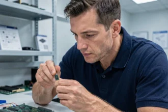 Ingénieur examinant un processeur Intel dans un laboratoire électronique professionnel